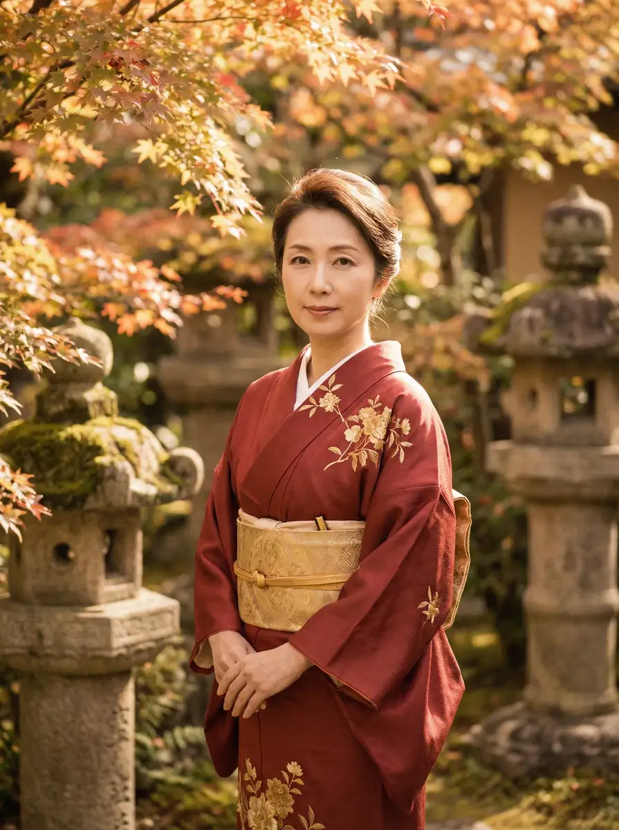 一位身穿暗红色和服的优雅 艾尔登法环武士加点 在日式庭院中